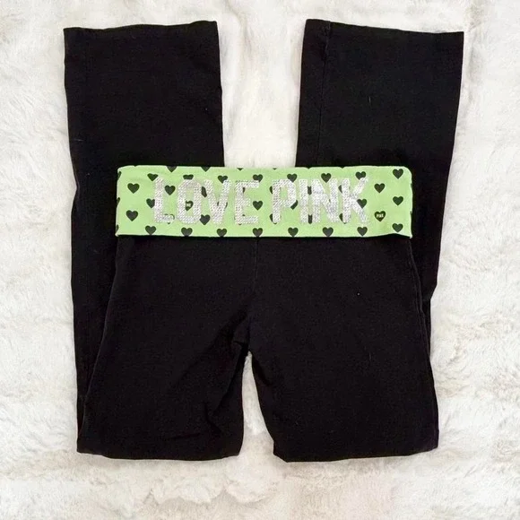 victoria's secret pink yoga fold over flare pants green hearts - Picture 1 of 8
